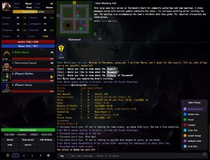 Screenshot of the Cursed Lands web client, showing user list, skills and theme menu.